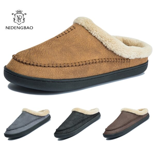 Chinelos masculino de couro impermeáveis, sapatos de algodão de camurça, fundo grosso, quente, casa interior, inverno - Image 6