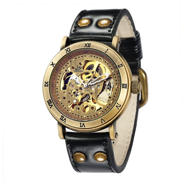 Relógios de pulso mecânico, automático, estilo retrô, steampunk, pulseira de couro genuíno, relógios de pulso auto-enrolados, esqueleto - Image 4