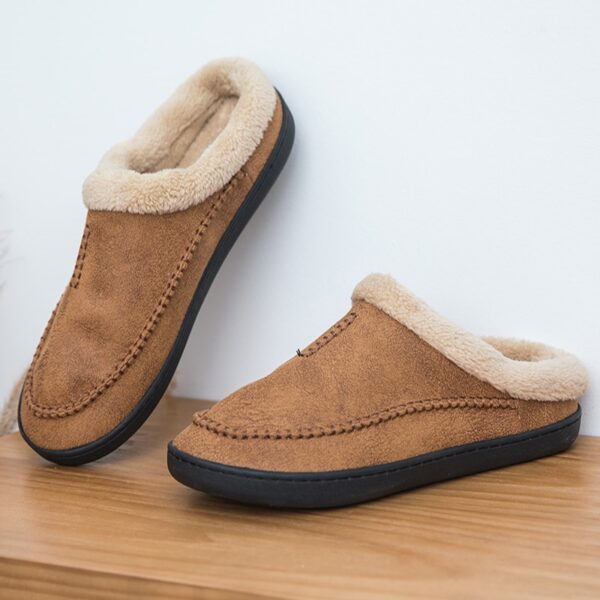 Chinelos masculino de couro impermeáveis, sapatos de algodão de camurça, fundo grosso, quente, casa interior, inverno - Image 4