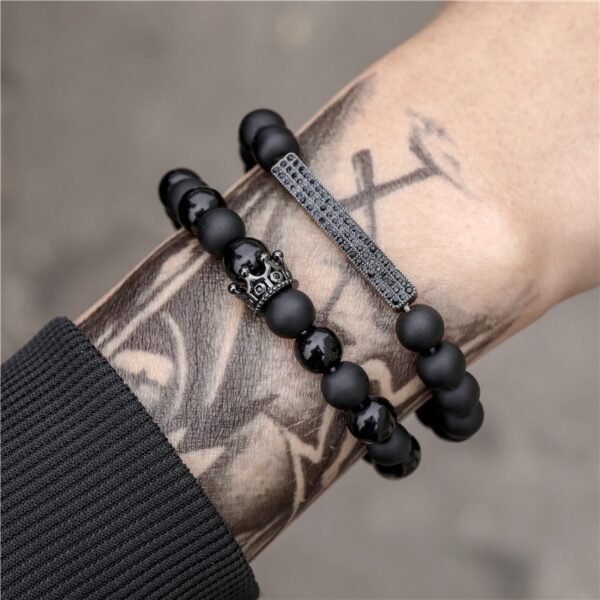 Pulseiras masculina, kit 3 pçs, micro pave cz 8mm disco ball & bar encantos, conjunto, 6mm matte contas de pedra pulseira bileklik - Image 31