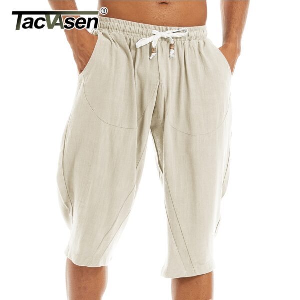 Bermudas masculina de linho de algodão harém, Tacvasen, abaixo do joelho baggy yoga fitness 3/4 - Image 14