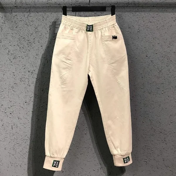 Calças feminina, primavera verão, coreia, cintura elástica, solta jeans branco todo-combinado casual algodão denim harém s982 - Image 8