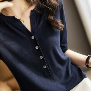 Camisas feminina de malha com decote v, pulôver feminino, blusa de manga curta, malha, E889, 2023