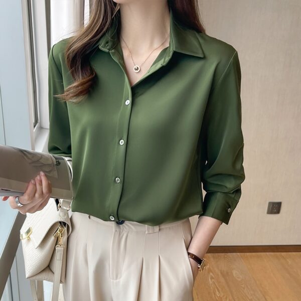 Camisas feminina chiffon manga comprida, top verde e branco, camisa, E678, 2023 - Image 8