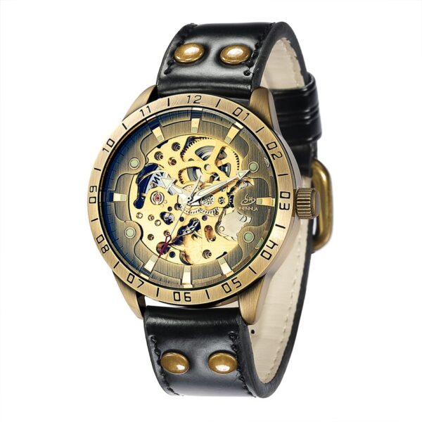 Relógios de pulso mecânico, automático, estilo retrô, steampunk, pulseira de couro genuíno, relógios de pulso auto-enrolados, esqueleto - Image 2