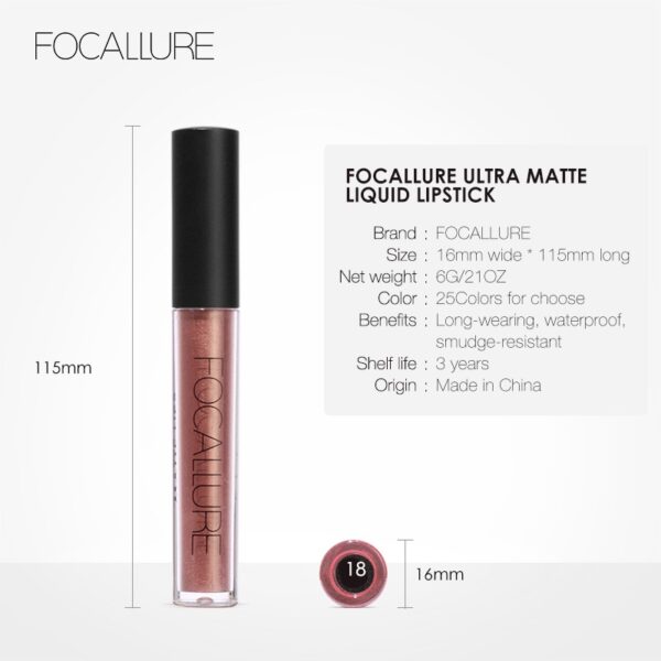 Batom brilho labial de veludo fosco, Focallure, duradouro, à prova d'água, nu, antiaderente, líquido, cosméticos - Image 19