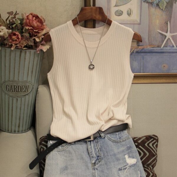 Camisetas feminina de malha com gola O, sem mangas, roupas elegantes, tops e blusas, 2023, C853 - Image 4