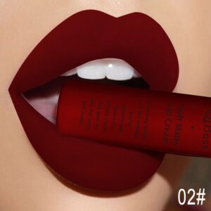 Batom líquido fosco QIBEST, impermeável, duradouro, veludo mate, vermelho nu, brilho labial, tubo de fiapos, maquiagem.