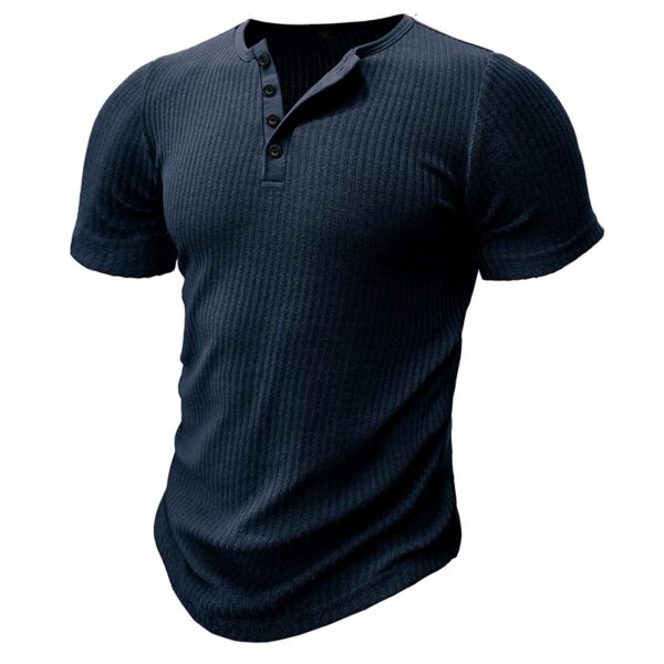 Camisetas masculina de fitness esticada, botão casual, manga curta, treinamento, pulôver, moda sólida, com nervuras, de ginástica - Image 2