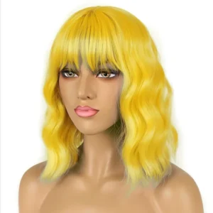 Perucas cabelo sintético, HAIRJOY, curta, peruca amarela 3 estilos com Bangs para traje