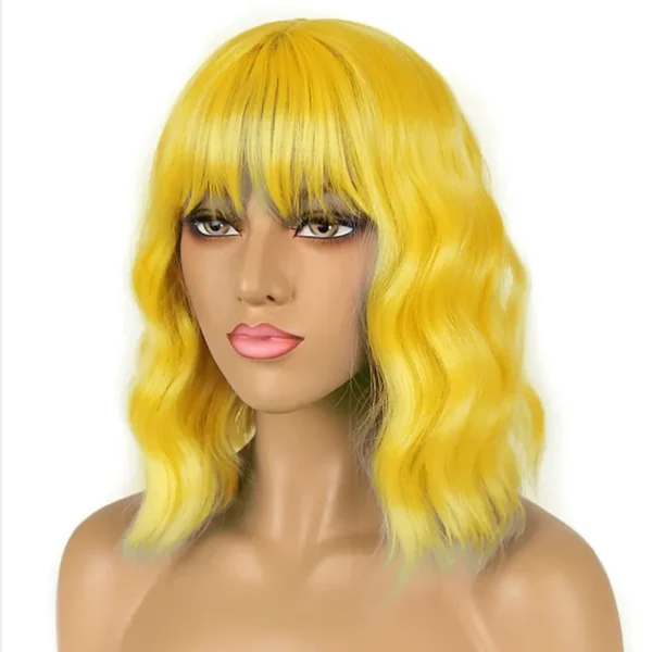 Perucas cabelo sintético, HAIRJOY, curta, peruca amarela 3 estilos com Bangs para traje