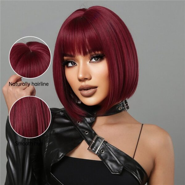 Perucas sintética curta com franja, Wine vermelho, borgonha natural bob peruca reta para preto feminino festa cosplay traje resistente ao calor - Image 10