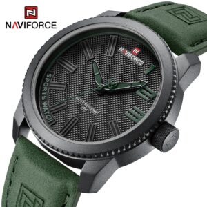 Relógio de pulso militar Naviforce, esportes anti-choque pulseira de couro à prova d água, moda relógio verde, de quartzo, de pulso.