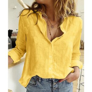Camisas feminina de manga comprida com lapela, camisa extragrande solta, camisas brancas amarelas de lazer, blusas femininas, outono