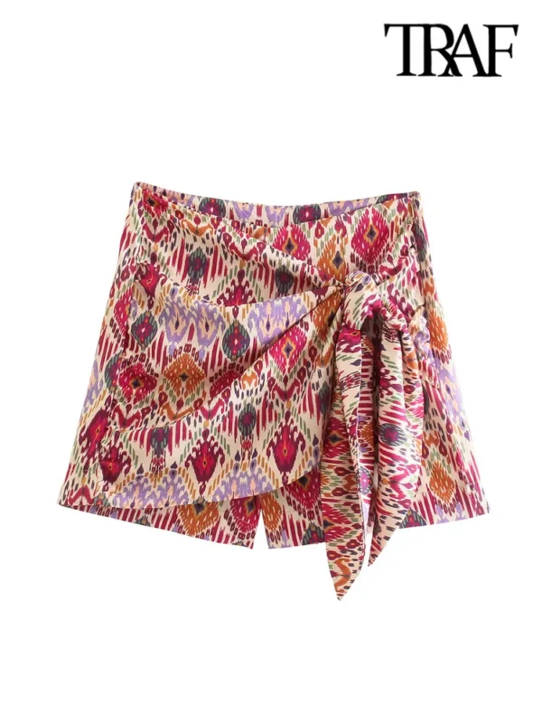 Shorts feminino com estampa Totem atada,TRAF, saias de cintura alta, zíper lateral, moda vintage, feminina