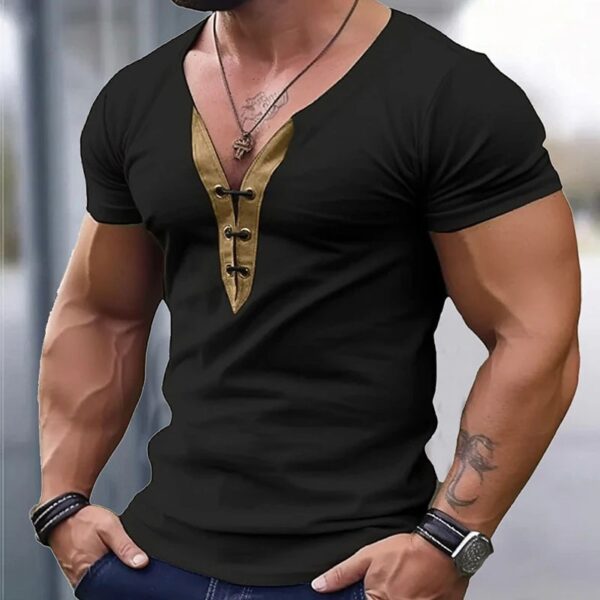 Camisetas masculina slim fit vintage com retalho em V, tops casuais de pulôver de manga curta, camisetas de streetwear, verão, nova - Image 2
