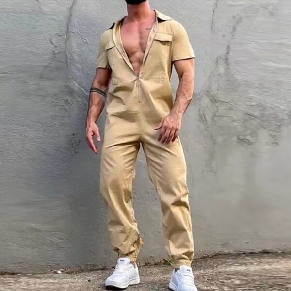 Macacão de manga curta com zíper lapela masculino, monocromático, casual de streetwear, calça longa, moda 2023 - Image 5