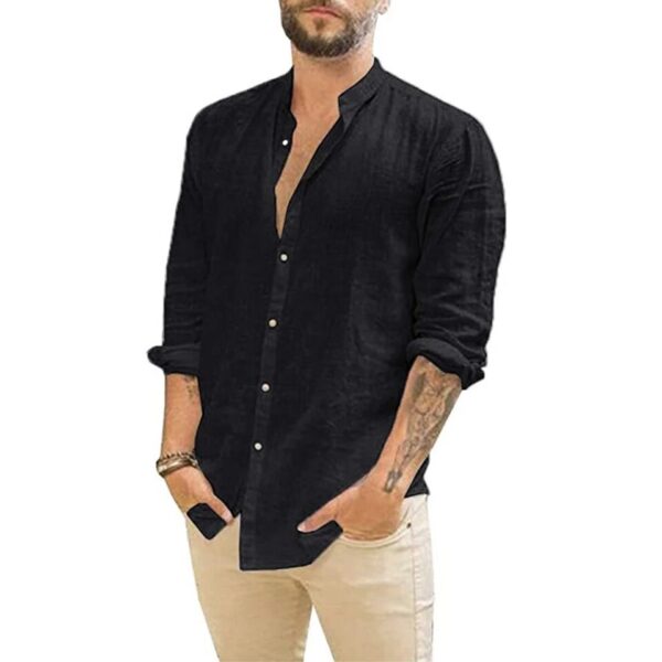 Camisas masculina de linho de algodão, manga comprida, monocromáticas, gola alta, casual estilo praia, plus size, verão - Image 4