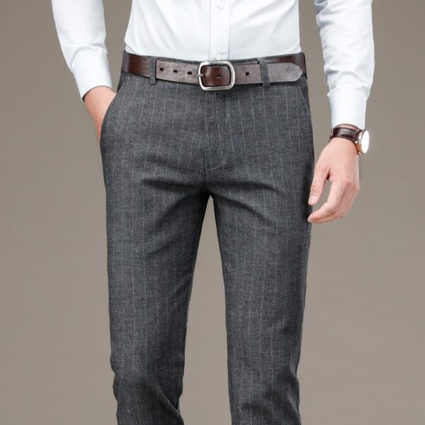 Calças masculina com padrão de listras, social, Oussyu, stretch para negócios, cinza, azul e preto, roupas de alta qualidade, novas - Image 5