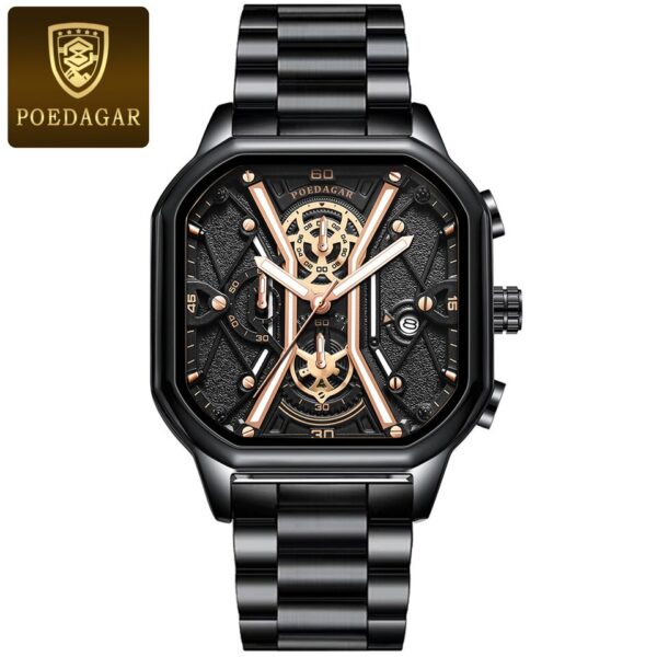Relógios de pulso masculino, POEDAGAR,  Moda Masculina, Cronógrafo De Luxo Luminous Impermeável Data Homem Relógio Quadrado Dial Couro Quartz Relógios. - Image 2