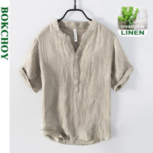 Camisas masculina de manga curta de linho puro, monocromática fina, roupas vintage finas, tamanho grande, BL888, verão, novo, 2023