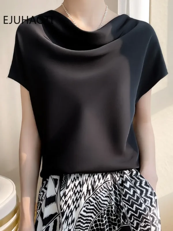 Camisas feminina, francesas de Seda, Elegante T-shirt de Cetim, Manga Curta Simples, Tops Femininos, Novo, Verão, 2023 - Image 6