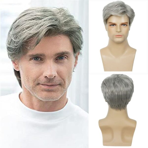 Perucas encaracolada curta natural para homens, Fluffy, cinza e branco, cabelo falso, fantasia Cosplay, masculino, cara - Image 6