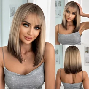 Perucas curta sintética, HENRY MARGU, para Mulheres Negras, Loiras, Marrons, Ombre Com Franja, Cabelo Cosplay, Resistente Ao Calor