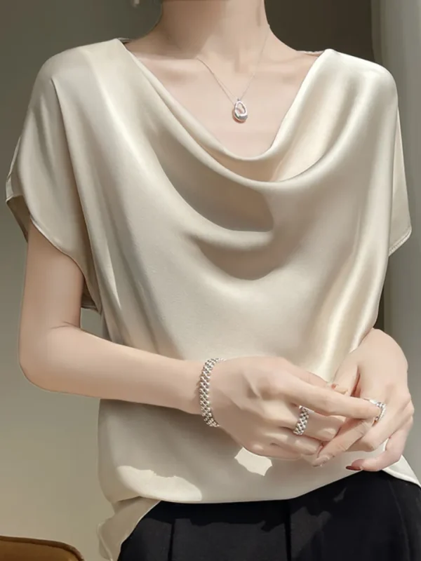 Camisas feminina, francesas de Seda, Elegante T-shirt de Cetim, Manga Curta Simples, Tops Femininos, Novo, Verão, 2023 - Image 4