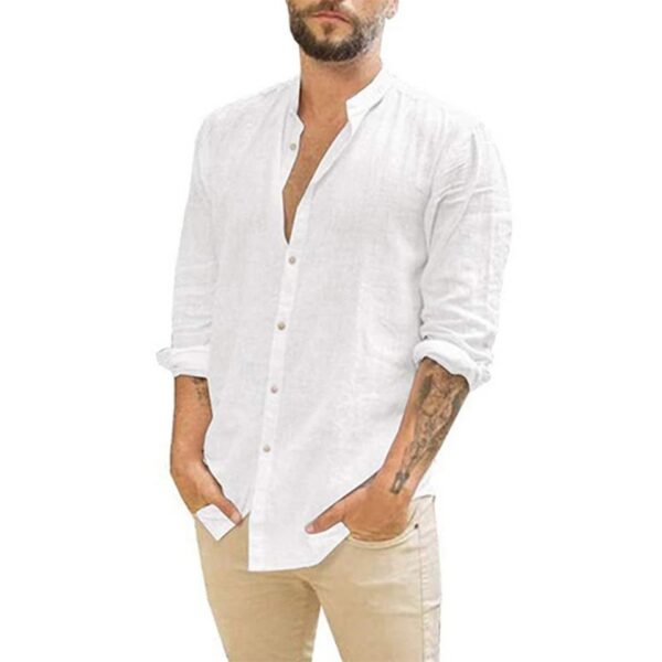 Camisas masculina de linho de algodão, manga comprida, monocromáticas, gola alta, casual estilo praia, plus size, verão - Image 3