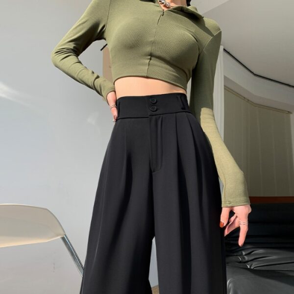 Calças feminina casual de pernas largas, solta reta calça cargosa, moda coreana - Image 6