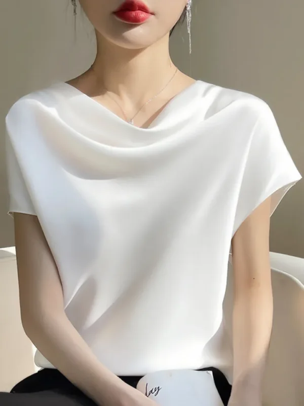 Camisas feminina, francesas de Seda, Elegante T-shirt de Cetim, Manga Curta Simples, Tops Femininos, Novo, Verão, 2023 - Image 11