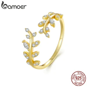 Anéis feminino prata esterlina, Bamoer-925, jóias finas com design delicado folha, 2 cores, estilo coreano, presente