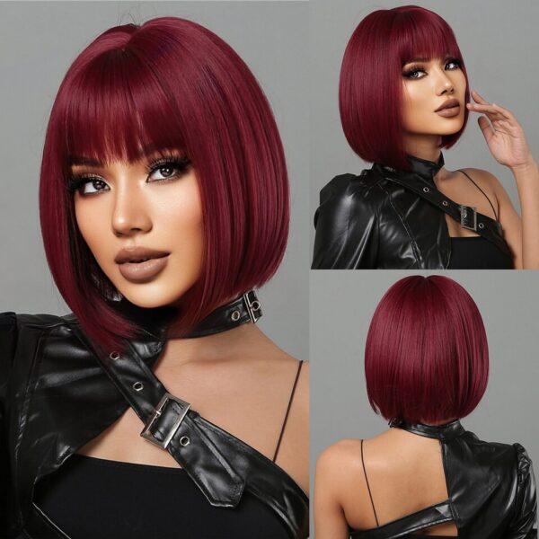 Perucas sintética curta com franja, Wine vermelho, borgonha natural bob peruca reta para preto feminino festa cosplay traje resistente ao calor - Image 8