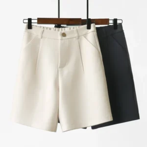 Shorts feminino, Fino, calção bege, cintura alta, solto, pernas largas, reto, uso do escritório, recortado, novo, verão, 2023