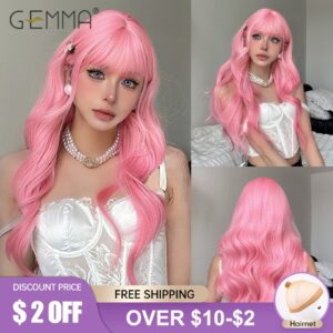 Peruca sintética longa ondulada cosplay GEMMA com Franja, peruca de cabelo natural para mulheres brancas, festa, resistente ao calor, rosa claro