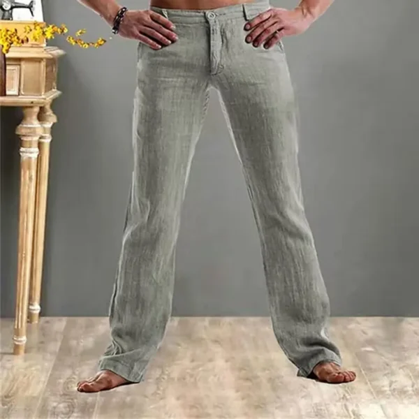 Calças masculina reta casual de linho, comprida, de botão, vintage, fundo de bolso solto, cor sólida que combina com tudo, verão, nova - Image 6