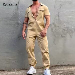 Macacão de manga curta com zíper lapela masculino, monocromático, casual de streetwear, calça longa, moda 2023