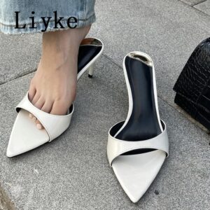 Sapatos/chinelos feminino salto baixo fino, de verão, Liyke, aconchegantes, dedo do pé aberto apontado, sandálias de gladiador, moda