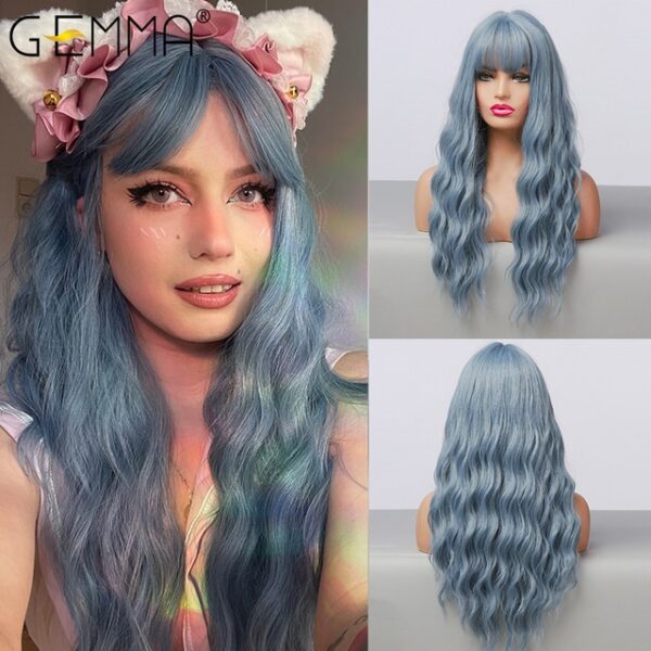 Peruca sintética longa ondulada cosplay GEMMA com Franja, peruca de cabelo natural para mulheres brancas, festa, resistente ao calor, rosa claro - Image 5