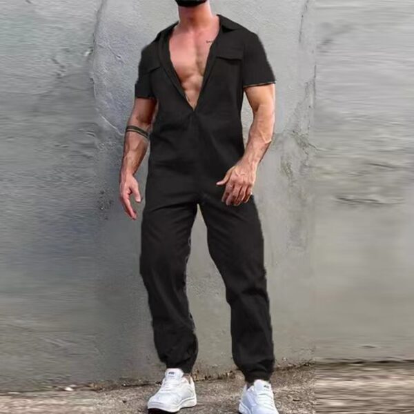 Macacão de manga curta com zíper lapela masculino, monocromático, casual de streetwear, calça longa, moda 2023 - Image 4