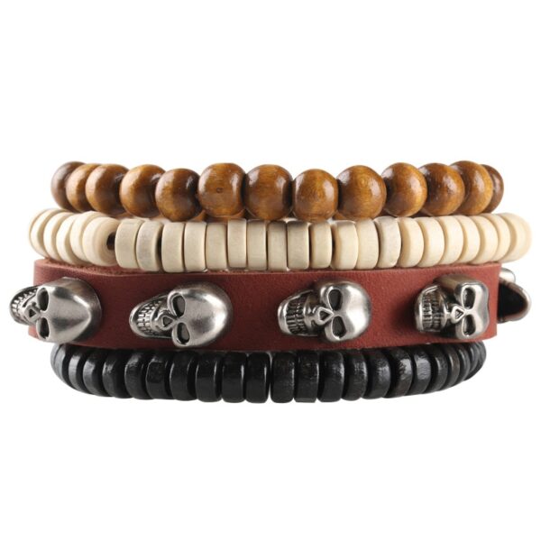 Pulseiras masculina vintage de couro multicamadas, caveira gótica, metal estrela - Image 22