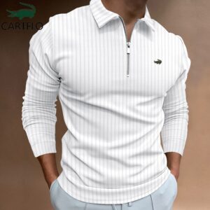 Camisetas masculina manga longa, CARTELO Marca POLO Camisa Zipper Stripe, T-Shirt Esportes Casuais Secagem Rápida Respirável Elástica