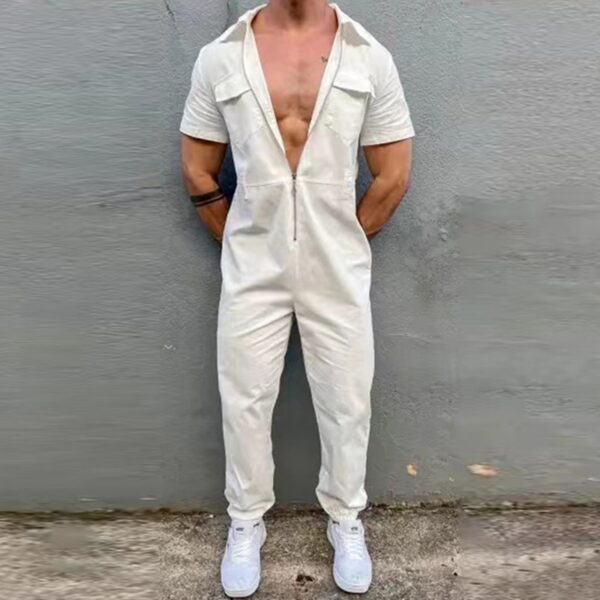 Macacão de manga curta com zíper lapela masculino, monocromático, casual de streetwear, calça longa, moda 2023 - Image 6