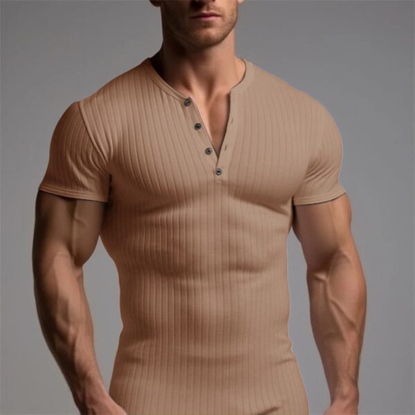 Camisetas masculina de fitness esticada, botão casual, manga curta, treinamento, pulôver, moda sólida, com nervuras, de ginástica - Image 6