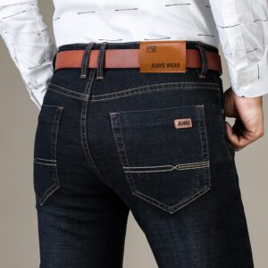 Calças masculina Jeans casual, Straight Stretch Moda Clássico Azul Preto, Denim Calças Masculinas Marca Vestuário