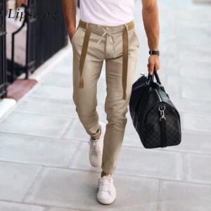 Calças masculina, lápis slim fit, calça monocromática, cordão casual, design de cordões, clássico, streetwear, moda, outono, 2023