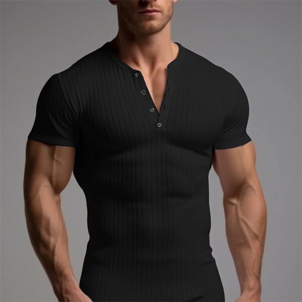 Camisetas masculina de fitness esticada, botão casual, manga curta, treinamento, pulôver, moda sólida, com nervuras, de ginástica - Image 5