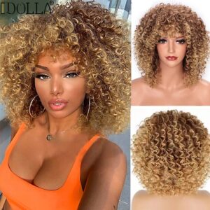 Perucas curta encaracolada com franja, Idolla, Afro Sintético, Estranho, Natural, Ombre, Loira, Cosplay