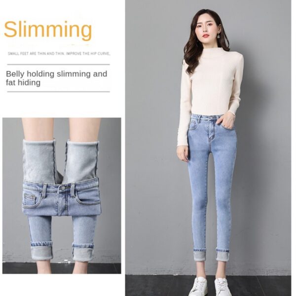 Calças feminina Jeans magro de veludo grosso de cintura alta, velo simples, slim fit, stretch, jeans casual feminino, calça lápis, inverno - Image 5